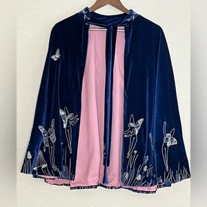 NWOT whimsical embroidered midnight blue velvet cape with soft pink satin lining